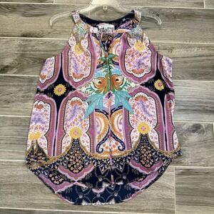 Rose+Olive Sleeveless Chiffon Shirt Tassel Tie Womens Size M Boho Colorful